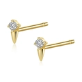 Close-up of gold geometric stud earrings with clear zircon stones and cone-shaped dangles - Gold Cone Solitaire