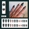 Glitter almond fake nails with heart and stripe patterns in black aurora finish - W1038 Night Sky Starlight