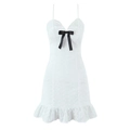 White lace camisole dress with hollow embroidery and contrasting black bow decoration - S / White