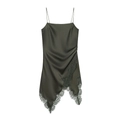 Dark green satin camisole top with delicate lace trim and asymmetrical hemline - XS / Army Green