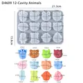 Size chart for 12-cavity animal silicone mold with detailed dimensions for each character - 12-Cavity Cartoon Animal Mold