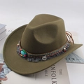 Olijfgroene fedora met brede rand en etnische kralenband met turquoise detail - Eén maat 57-58cm / Metalen Munt Kwastje Decoratie / Legergroen