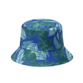 Detail view of tropical monstera leaf patterns on a blue cotton bucket sun hat - Royal Blue Green Tropical Leaves (X)