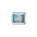 Silver stainless steel charm link with blue enamel and pink dolphin design - Dolphin Design (Y55) / Silver