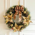50cm pre-lit Christmas wreath with gold ribbons, baubles and Merry Christmas sign - 50CM Gold Bow Merry Christmas