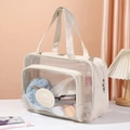 Beige Kulturtasche für Nass- und Trockentrennung aus Netzstoff und klarem PVC mit Griff - Beigeweiß Groß