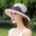 Elegant pale pink straw sun hat with black bow ribbon and wide brim for summer beach - One Size(Adjustable) / Pink