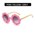 Pink sunflower flower shaped kids sunglasses with yellow temples and grey gradient lenses - Pink Frame Yellow Temple Gradient Grey Lens