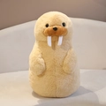 Close-up of cute plush walrus toy with soft brown fur and detailed white tusks - Seal Style / Height 35cm / Beige