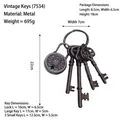Vintage Japanese style cast iron key set with ornate padlock in rustic brown metal finish - 7534 Ring with 4 Keys and Round Lock