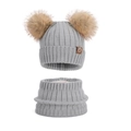 Kids winter knit hat and scarf set in light grey with double faux fur pom poms - Two-Piece Set / Gray