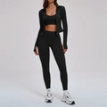 Ensemble de yoga 3 pièces noir avec veste zippée, brassière de sport et legging taille haute - S / Veste + Soutien-gorge-2 + Leggings (3 pcs) - Noir