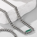 Collana a catena cubana argento con ciondolo ovale verde per un design semplice e moderno - Argento (Verde malachite scuro)