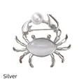 Silver crab brooch with white pearl and opal stone inlay for women accessories - Pearl with Claws / Silver Pearl Style