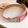 Pink faux leather skinny belt for women featuring a silver hollow butterfly buckle - 47# Waist Chain - Pink Butterfly