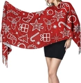 Detail of red Christmas scarf featuring white festive trees, candy canes and fringe tassels - Red - Christmas Gift & Candy Cane