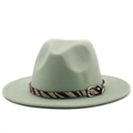 Detail of mint green wool fedora hat with zebra pattern band and silver metallic buckle - M (56-58cm) / Creamy White