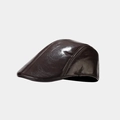 Close-up of a dark brown PU leather flat cap with glossy texture and detailed stitching - Coffee