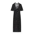 Slim fit black V-neck lace mini dress with floral print and puff sleeves - S / Black Floral