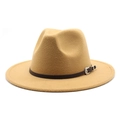 British style wide brim felt fedora hat in camel wool with western leather buckle band - M (56-58cm) / Camel