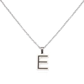 Detail macro view of stainless steel O-chain necklace with a black enamel letter E pendant - Letter E