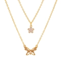 Double-layered gold necklace with pink flower pendant and butterfly crystal charms - Flower Butterfly Double Layer Necklace (KC金3548)
