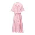Close-up of pink poplin shirt dress featuring flap pockets and tied waist belt - XS / Pink