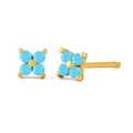 S925 silver needle four-leaf flower studs with light blue petals and golden base - Turquoise Gold