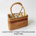 Handwoven natural rattan picnic basket with yellow floral lining, 25x14x14cm, 290g - Handheld Hollow Style (Windbell Flower Lining)