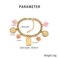 Macro detail of gold stainless steel bracelet featuring pink hearts and portrait charms - Heart Flower & Portrait Coin Charms Style (KB204429-SXSJ)