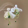 Handmade fabric rose earrings with organza petals and light green beaded tassels - 20# Style (Silver Earring Post) / White, Green