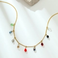 Detail view of gold chain necklace with multi-colored teardrop crystal pendants - Multi-color Drop Style / Gold Multi-color Drop