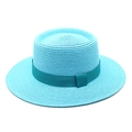 Detail of turquoise boater straw hat with matching dark cyan ribbon and woven texture - Lake Blue