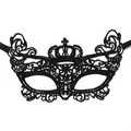 Close-up of black lace masquerade mask with intricate embroidery and crown design - Crown