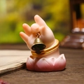 Nine-Tailed Fox series zen resin hand statue with gold bracelet and bell on lotus base - 1223-1 Bell Hand