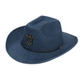 Dark blue straw cowboy hat featuring a western bull head metal shield emblem - One Size / Navy Blue