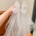 White princess bow hair clip with double-layer tulle veil and pearl trim for flower girls - Pearl Rhinestone Floating Veil