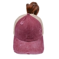 Detail of burgundy washed cotton baseball cap with mesh back and ponytail criss-cross hole - One Size / Burgundy