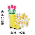 Detailed close-up of yellow rain boot embroidery patch with tulips and Hello Spring text - Rain Boots Tulip Style (X15SD-07-06)
