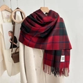 Thick red plaid checkered scarf with tassels and Good Luck tag on beige coat - Block Plaid Red