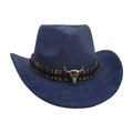 Classic blue suede cowboy hat featuring an ethnic band and silver bull skull ornament - Navy Blue