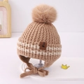 Gorro de punto para bebé con orejeras en color camello y pompón grande de pelo sintético - Talla Única Niño / Caqui