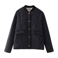 Detail of black quilted jacket featuring ribbed collar and stylish leopard print lining - XS / Black