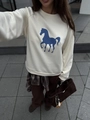 Sudadera blanca casual de cuello redondo con estampado de caballo azul para mujer - S / Blanco (Fino)