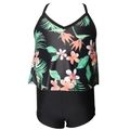 Two-piece girls swimsuit with tropical floral tankini top and black shorts - 104 / Tropical Flower Print