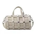 Fashionable woven cylinder underarm bag with white leather lattice and silver rivets - Off White