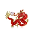 Vintage red enamel dragon brooch with pearl detail and gold-tone finish for suits - Red Chinese Dragon