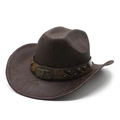 Vintage dark brown suede western cowboy hat with retro bull buckle and metal studs - M(56-59CM) / Dark Brown (Texture)
