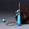 Blue turquoise hexagonal crystal pendulum necklace with bronze metal cap and chain - Antique Bronze Blue Turquoise
