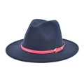 Detail of navy wool fedora hat featuring a vibrant pink leather belt and gold buckle - M(56-58cm) / Navy Blue